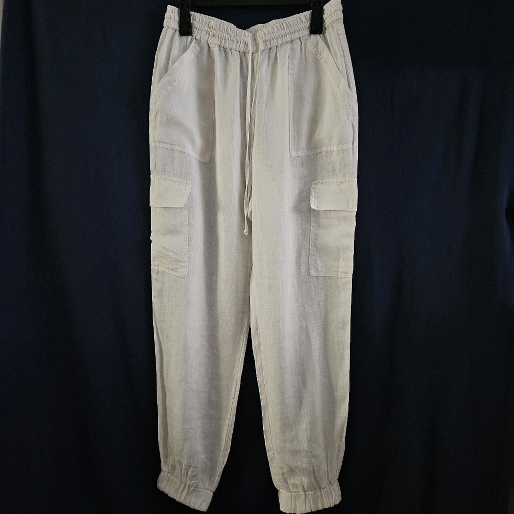 White Linen Pants Cargo Pants‎ Drawstring Waist Womens Large